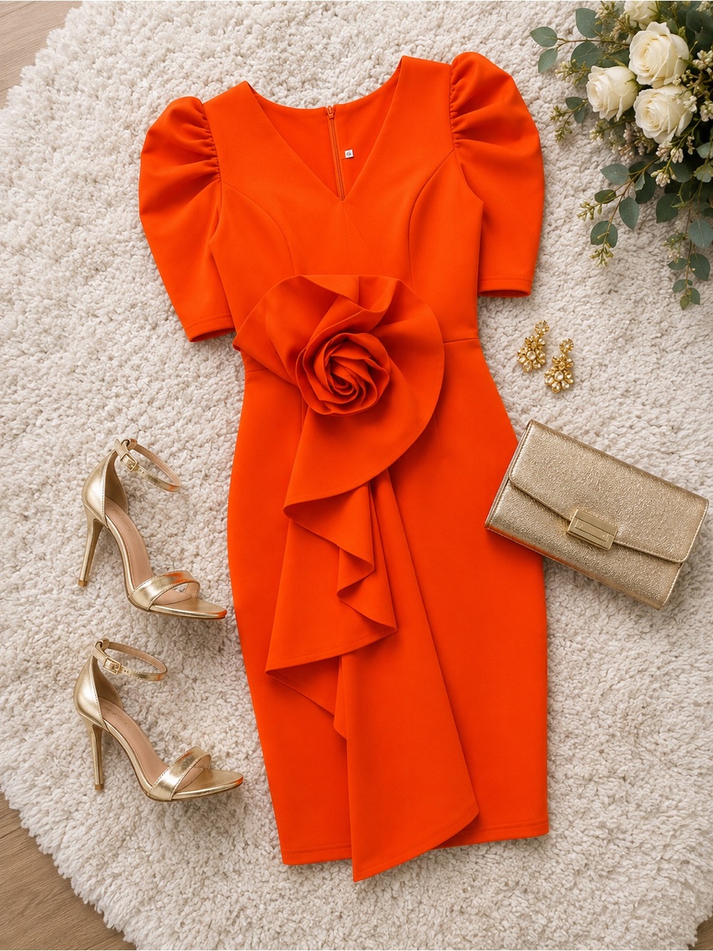 Elegant Orange Mini Dress with Statement Floral Ruffle